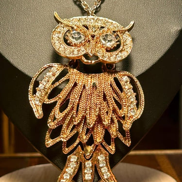 Vintage Owl Pendant Necklace Articulated Rhinestones Retro Fashion Jewelry Gift 