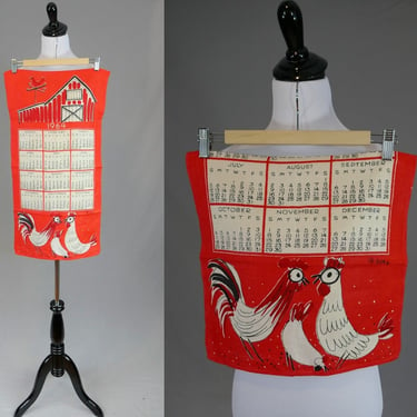 1964 Vera Linen Tea Towel Calendar - Red Black White Barn Chickens - Farmhouse Country - Vera Neumann - Wall Hanging Art 