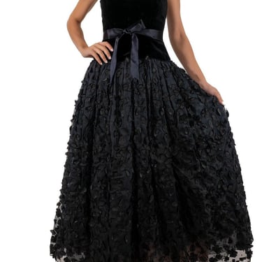 1990s Black Silk Organza & Velvet Ball Gown Covered In Embroidered Flowers 