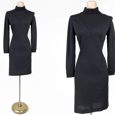 VINTAGE 60s Space Age Modern Black Wool Knit Mini Dress by Mary Lewis | 1960s Mod MCM Little Black Dress | VFG 
