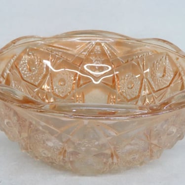 Jeanette Glass Marigold Scalloped Rim Hobstar and Arches Serving Bowl 3350B