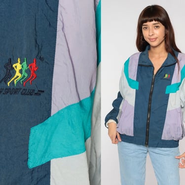 90s Color Block Windbreaker Easy Sport Club Jacket Zip Up Track Jacket Retro Sportswear Hipster Blue Purple Grey Vintage 1990s Men's Small S 