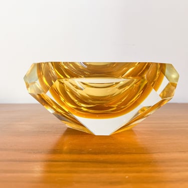 Murano Style Crystal Amber Glass Ashtray Dish 