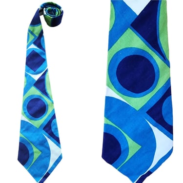 Vintage 60s Mens Wide Tie Bold Geometric Print Psychedelic Blue Green 