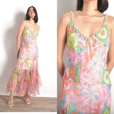 Vintage 2000s Dress / Y2K Diane Freis Floral Silk Gown / Pink Orange ( S M ) 