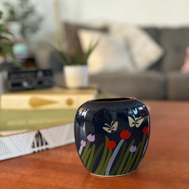Vintage Otagiri Japan Navy Tulip & Butterfly Vase 