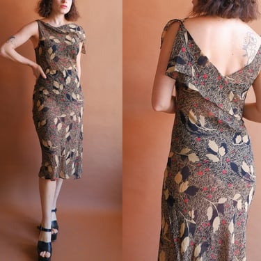 Vintage 90s Sheer Silk Bias Cut Asymmetrical Floral Dress/ Size Small 