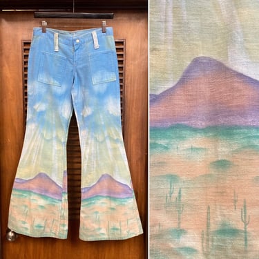 Vintage 1970’s “Wrangler” Hippie Desert Artwork Denim Flare Jeans, 70’s Flare Pants, 70’s Western Wear, Vintage Artwork, Vintage Clothing 