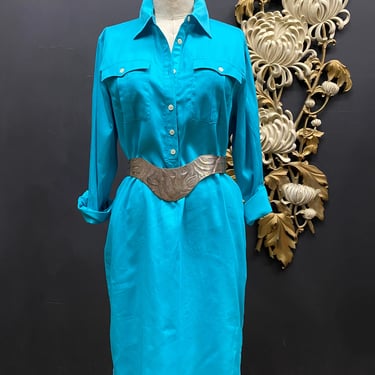 Ralph Lauren dress, turquoise cotton, 1990s shirtdress, minimalist style, vintage dress, medium, 90s designer, boxy, casual and comfy, 36 38 