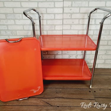 Groovy Vintage Orange Metal Serving Bar Cart 