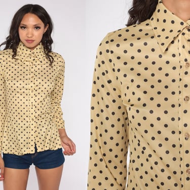 Polka Dot Blouse 70s Disco Shirt Yellow Black Dot Print Button Up Top Retro Pointed Collar Groovy Seventies Long Sleeve Vintage 1970s Small 