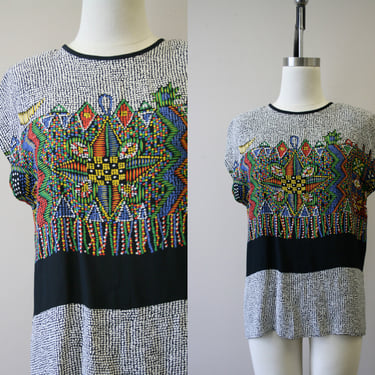1980s Platinum by Dorothy Schoelen Printed Blouse 