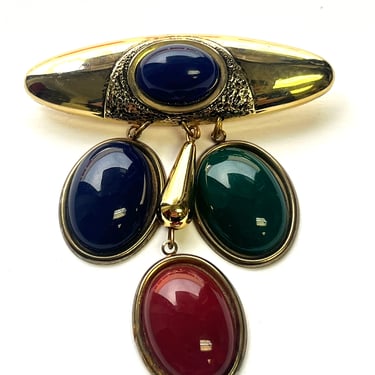Vintage Dangle Brooch, Vintage Pin, Gold, Black, Green, and Red Pin, Vintage Gold Brooch, Vintage Multicolor Brooch, Cabochon Pendent 