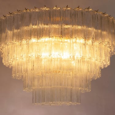 Large italian flush lamp Ø95 cm clear Murano glass Tronchi on 5 tiers, ceiling chandelier design vintage style Made in Italy 