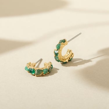 Emerald Huggies, Raw Emerald Hoop Earrings, Genuine Emerald Baguette Earrings, May Birthstone Earrings, Raw Crystal Hoops, Emerald Huggers 