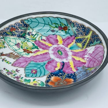 Vintage Nieman Marcus Porcelain Bowl  With Pewter Casing Hand painted Hong Kong- Floral  Pattern  7 3/8 inches 