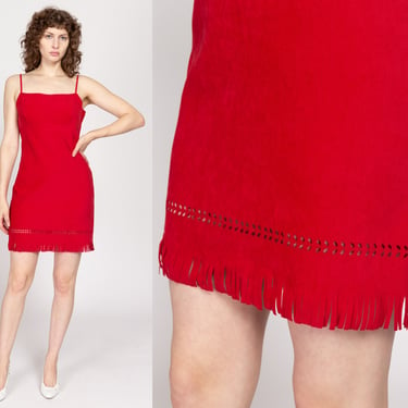 Med-Lrg 90s Red Fringe Ultrasuede Mini Dress | Vintage Fitted Square Neck Spaghetti Strap Faux Suede Party Dress 