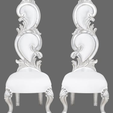 Fantasy Rococo Silvered Wood Side Chair, Pair