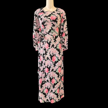 pink roses maxi dress 1970s floral long gown small 