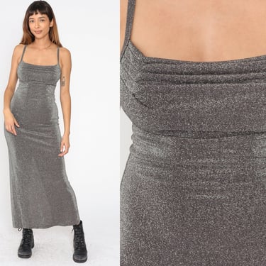 90s Silver Party Dress Metallic Maxi Spaghetti Strap Back Slit Long Cocktail Prom Going Out Glitter Strappy Sparkly All That Jazz Medium 