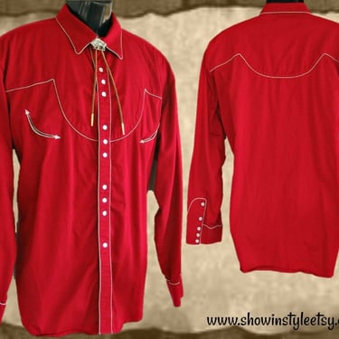 Drysdales Vintage Western Retro Men's Cowboy and Rodeo Shirt, True Red with Traditional Western Styling, Tag  Size XLarge (see meas. photo) 