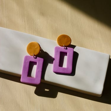 Geometric Statement Earrings / Polymer Clay Dangle Earrings / Cute Jewelry / Gifts for Her / Purple Mustard 