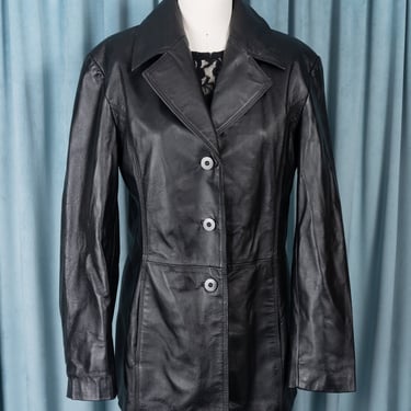 80s Black Genuine Leather Blazer-Style Button Front Jacket with Stitched Seam Details 