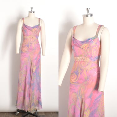 Vintage 2000s Dress / Y2K Diane Freis Swirl Print Silk Gown / Purple Pink ( small S ) 