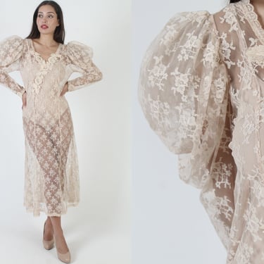 80s Nude Deco Wedding Dress / Sheer Floral Lace Flapper Gown / See Through Bridal Outfit / Champagne Blush Gatsby Inspired Frock 