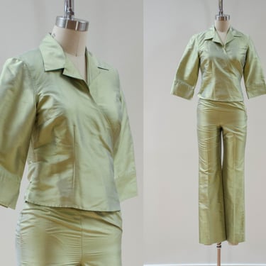 green silk suit | 90s y2k vintage bright iridescent green dupioni silk bellbottom flare pants wrap blouse 2 piece suit set 