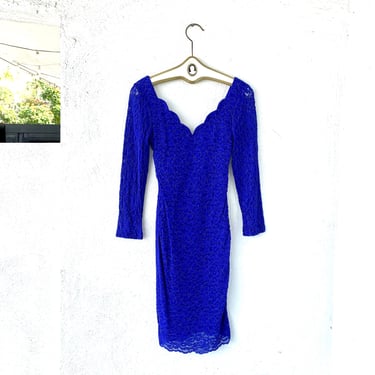 Vintage 80s 90s Lace Bodycon Cobalt Blue Scallop Edge Plunge Dress 