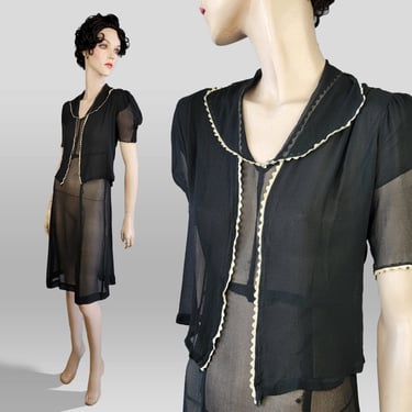 1920s Dress / 1920s Day Dress / 1930s Dress / Black Chiffon Dress with Matching Jacket / Size Small XS Petite 