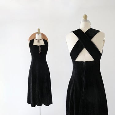 velvet criss cross back dress - xs - vintage 90s y2k sleeveless extra small little black flutter dress 