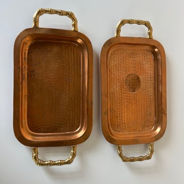 Vintage Hand Hammered Copper and Brass Handle Trays - a Pair 