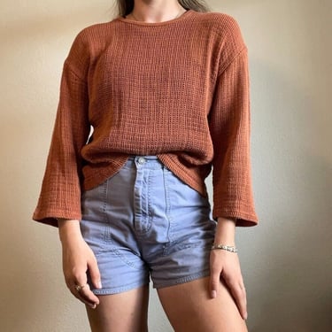 Vintage 90s Cotton Burnt Orange Sheer Womens Crochet Crewneck Minimalist Sweater 