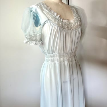 60’s long pale blue sheer nightgown~ short puff sleeves~ cinched waist scoop neck~ 1960’s nighty dress~ Size Sm 34 