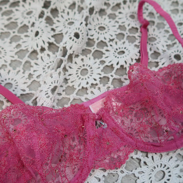 Hot Pink Lacy Wired Bralette with Jewel In Center