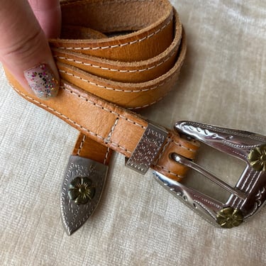 Beautiful Vintage leather western belt thin golden brown tooled belt with shiny gold & silver buckle and tip size Med 
