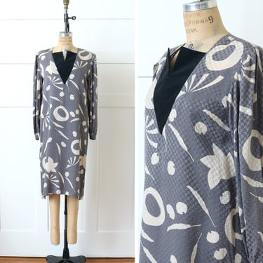 vintage 1990s abstract silk dress • modernist shift dress in gray white & black 