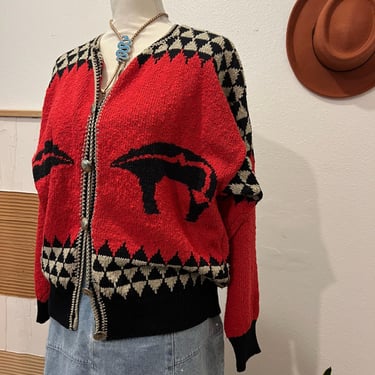 Vintage 90s Red Knit Badger Animal Button Front Western Cardigan Sweater 