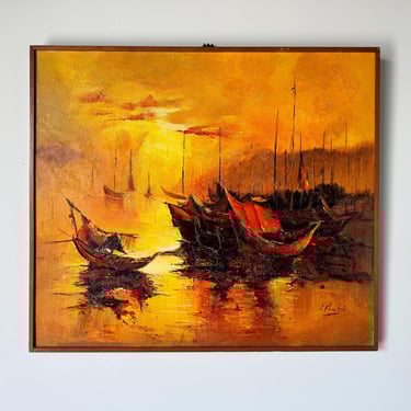 1970s Vintage Impressionist Abstract “Sunset Harbor” Oil on Canvas Painting by J. Pinto 