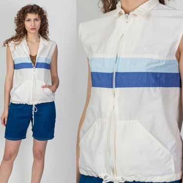 80s White Blue Striped Sailing Vest - Men's Small | Vintage Hobie Distressed Zip Up Sleeveless Windbreaker Jacket 