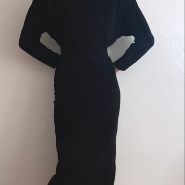 vintage black leather fitted dress with batwing sleeves size small 