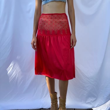 80s Slip Skirt / Red Midi Skirt / 1970's-1980's Slip Skirt / Sheer Racy Lace Slip  Skirt 