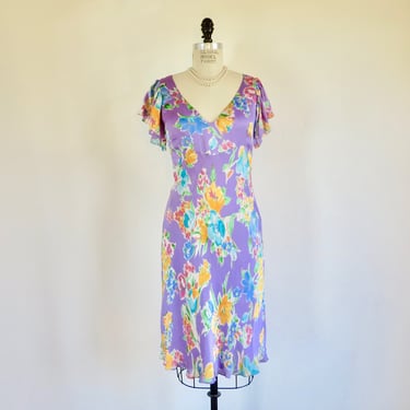 1930's Style Lavender Lilac Floral Silk Bias Cut Dress Flutter Sleeves Flapper Great Gatsby Spring Summer Tea Dresses Ralph Lauren Size 8 