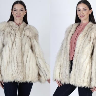 80s Saga Arctic Fox Fur Jacket, Leather Ivory Womens Coat, Off White Corded Coat 