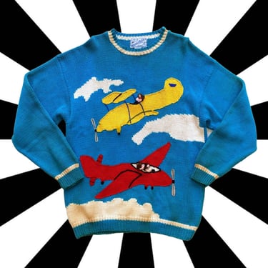 Super Fun Vintage 80s 90s Blue Red Yellow Green Airplane People Chunky Novelty Sweater 