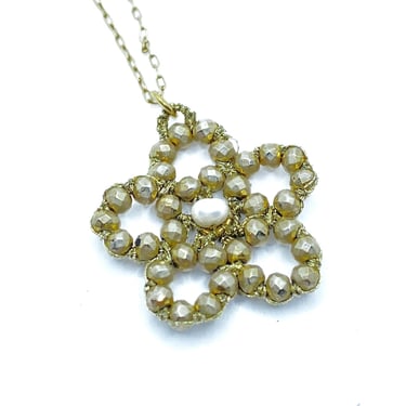 Danielle Welmond | Woven Gold Cord Necklace w/ Gold Pyrite and Center White Pearl on 14kt Gold Vermeil