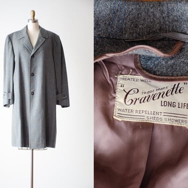 gray plaid coat | 50s vintage Cravenette light gray blue wool water repellant dark academia style heavy wool jacket 
