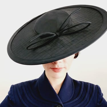 50s Black Platter Hat Midcentury New Look Style Saucer Pancake Bennett's Millinery Evanston 